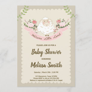 Lamb Baby shower Invitation Girl Pink Spring Kaart