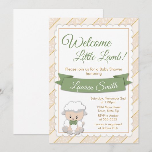 Lamb Baby shower Invitation Neutral Baby Lamb Kaart (Voorkant / Achterkant)