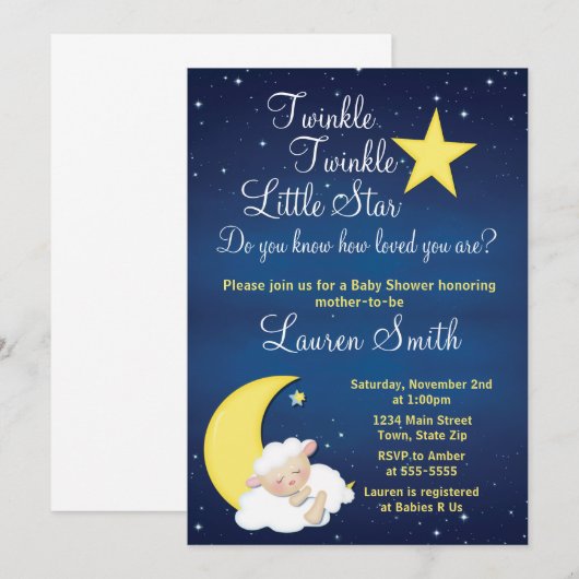 Lamb Baby shower Invitation Twinkle Little Star Kaart (Voorkant / Achterkant)