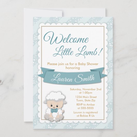 Lamb Baby shower Uitnodiging Blue Baby Boy Lamb (Voorkant)