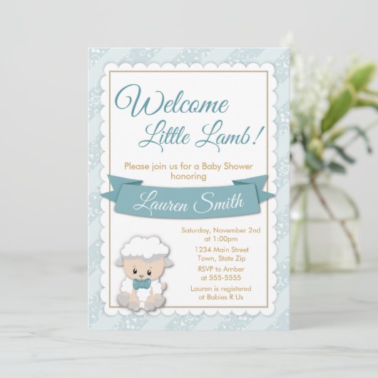 Lamb Baby shower Uitnodiging Blue Baby Boy Lamb (Staand voorkant)