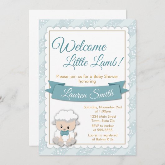 Lamb Baby shower Uitnodiging Blue Baby Boy Lamb (Voorkant / Achterkant)