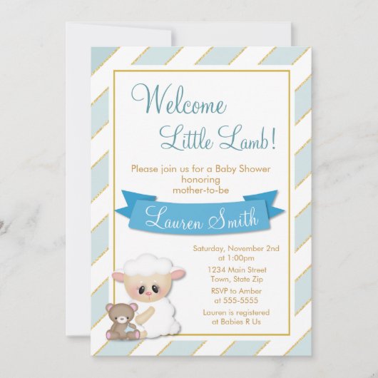 Lamb Baby shower Uitnodiging Blue Baby Lamb (Voorkant)