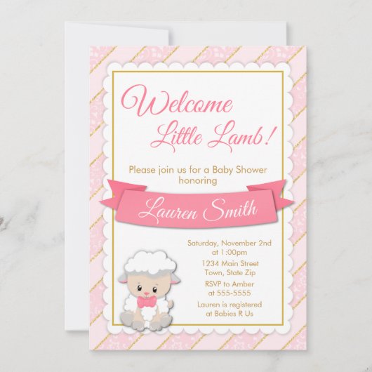 Lamb Baby shower Uitnodiging Roze Baby Girl Lamb (Voorkant)