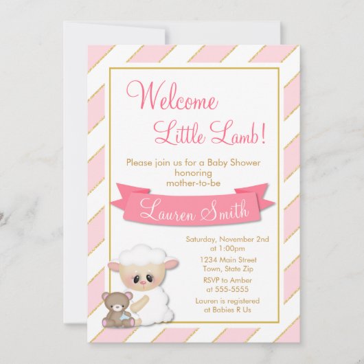Lamb Baby shower Uitnodiging Roze Baby Girl Lamb (Voorkant)
