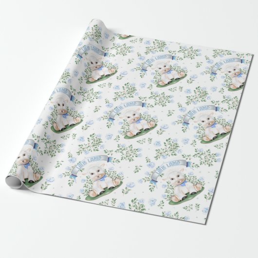 Lamb Blue Floral Baby shower Cadeaupapier (Uitgerold)