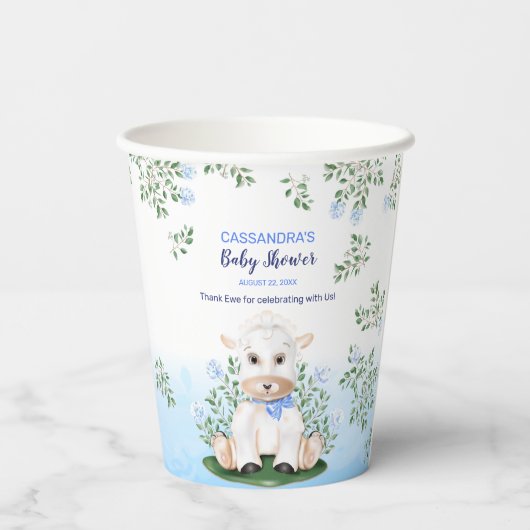 Lamb Blue Floral Baby shower Papieren Bekers (Achterkant)