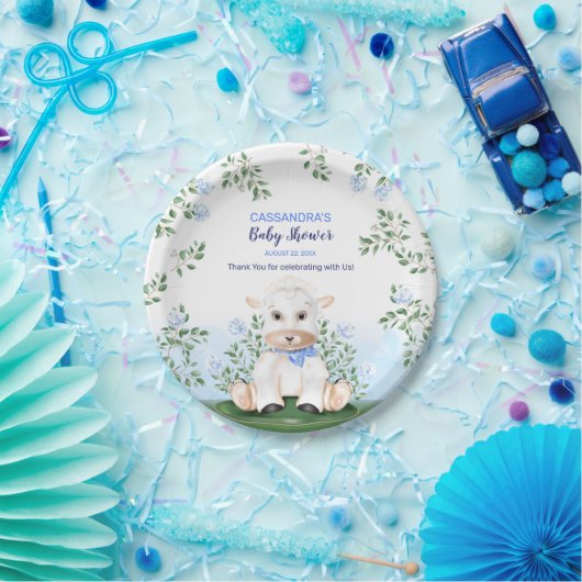 Lamb Blue Floral Baby shower Papieren Bordje (Feest)