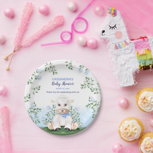 Lamb Blue Floral Baby shower Papieren Bordje (Feest)