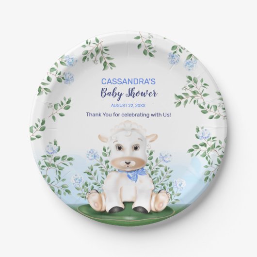 Lamb Blue Floral Baby shower Papieren Bordje (Voorkant)
