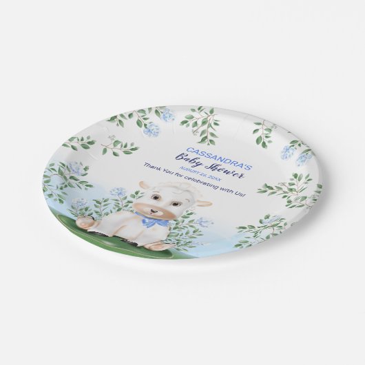 Lamb Blue Floral Baby shower Papieren Bordje (Gekanteld)