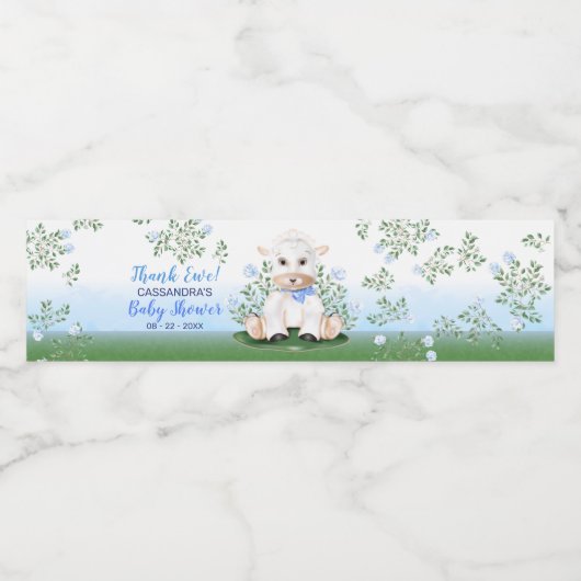 Lamb Blue Floral Baby shower Waterfles Etiket (Enkel label)