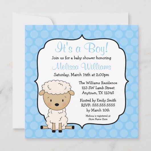 Lamb Blue Stippen Boy Baby Shower Invitations Kaart (Voorkant)