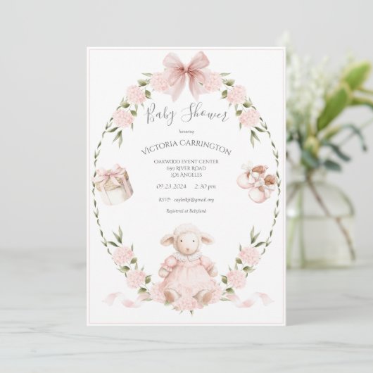 Lamb Floral Hydrangeas Pink Girl Baby Shower Kaart (Staand voorkant)