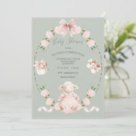 Lamb Floral Hydrangeas Pink Sage Girl Baby Shower Kaart