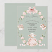 Lamb Floral Hydrangeas Pink Sage Girl Baby Shower Kaart (Voorkant / Achterkant)