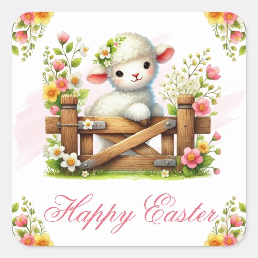 Lamb, Flower Crown & Wooden Gate Happy Easter Vierkante Sticker (Voorkant)