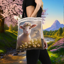 Lamb in Spring Field met Flowers Tote Bag