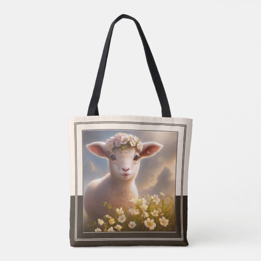 Lamb in Spring Field met Flowers Tote Bag (Achterkant)