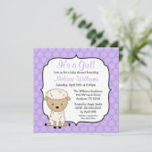 Lamb Paarse Stippen Girl Baby Shower Invitations Kaart (Staand voorkant)