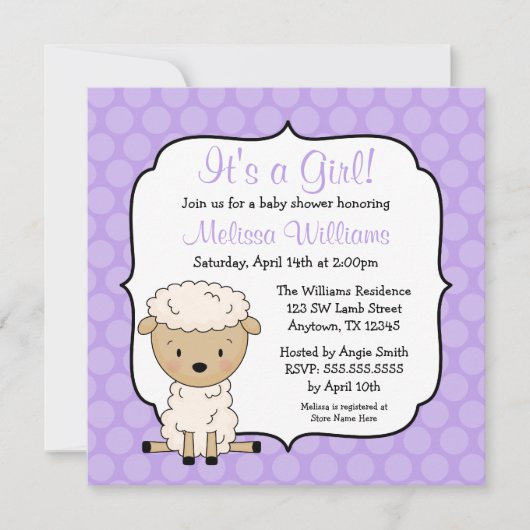 Lamb Paarse Stippen Girl Baby Shower Invitations Kaart (Voorkant)