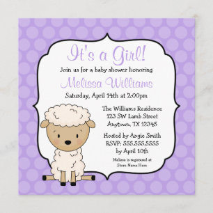 Lamb Paarse Stippen Girl Baby Shower Invitations Kaart