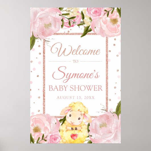 Lamb Roos Gold en Pink Peony Baby shower Welkom Poster (Voorkant)