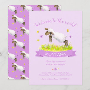 Lamb slaat een schattig welkom in het paarse werel kaart