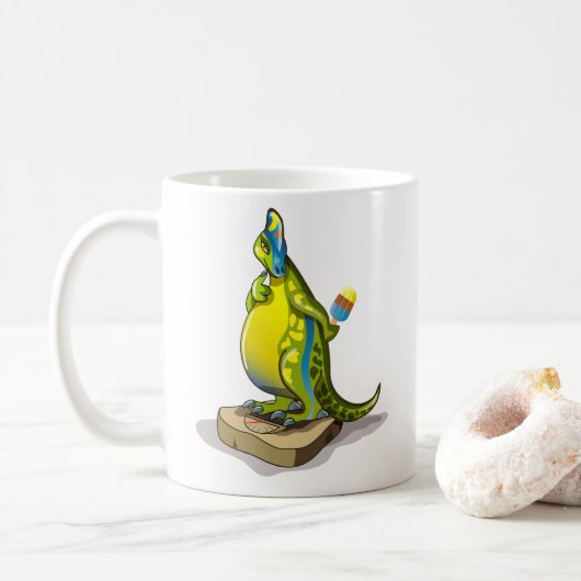 Lambeosaurus staand op een weegschaal. koffiemok (Met donut)