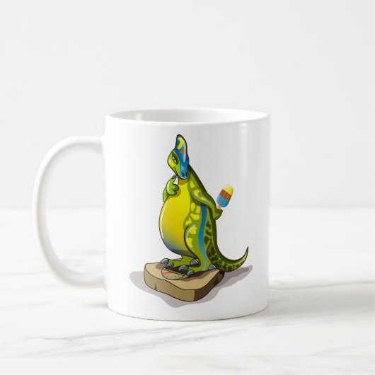 Lambeosaurus staand op een weegschaal. koffiemok (Links)