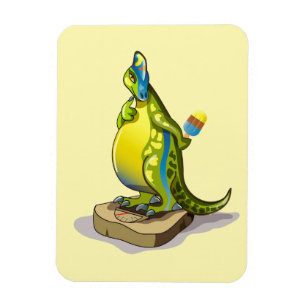 Lambeosaurus staand op een weegschaal. magneet