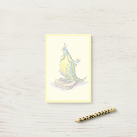 Lambeosaurus staand op een weegschaal. post-it® notes (Op bureau)