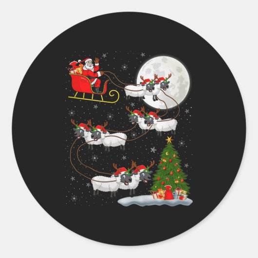 Lambs Sheep Santa Sleigh Flying Funny Magical Chri Ronde Sticker (Voorkant)