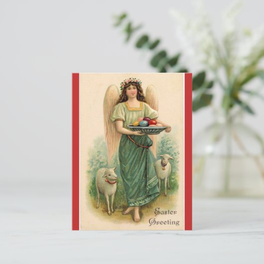  lammeren en engeltjes met paaseieren briefkaart (Staand voorkant)