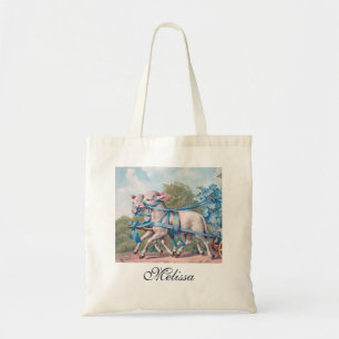 lammeren geperst in blauwe linten tote bag
