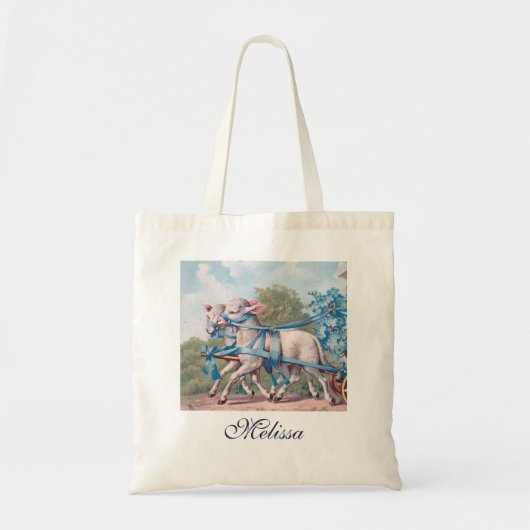 lammeren geperst in blauwe linten tote bag (Voorkant)