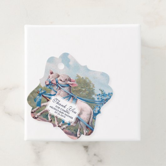  lammeren geperst in Fancy blauwe linten Bedankjes Labels (In situ)