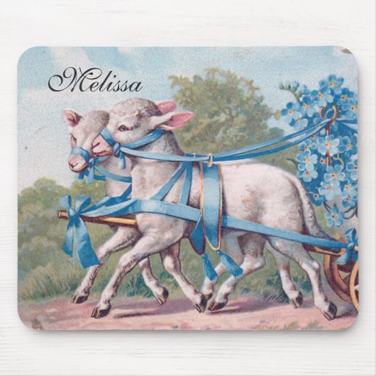  lammeren geperst in Fancy blauwe linten Muismat (Voorkant)