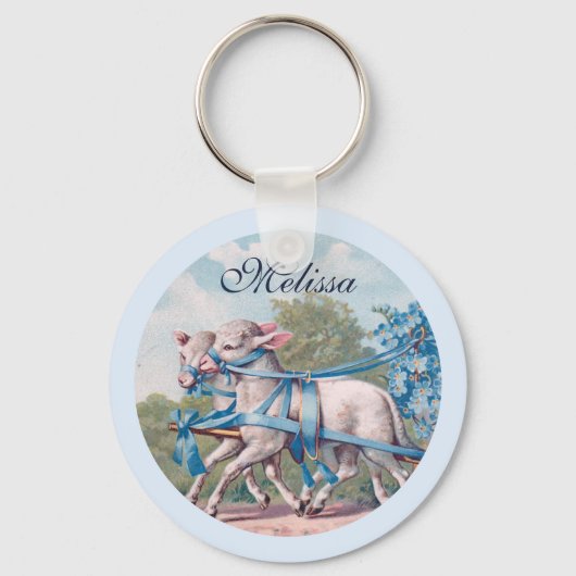 lammeren geperst in Fancy blauwe linten Sleutelhanger (Voorkant)
