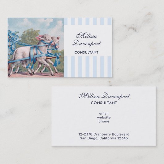 lammeren in blauwe linten op strepen visitekaartje (Voorkant / Achterkant)