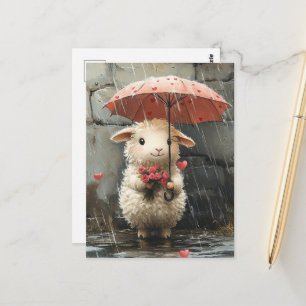 Lamskalf met harten, rozen en paraplu briefkaart