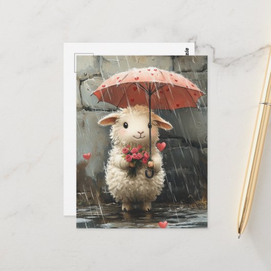 Lamskalf met harten, rozen en paraplu briefkaart (Voorkant / Achterkant in situ)