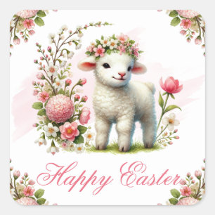 Lamsvlees en Lentebloemen Gelukkig Pasen Vierkante Sticker