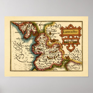 Lancashire County Engeland Oude antiquarische kaar Poster