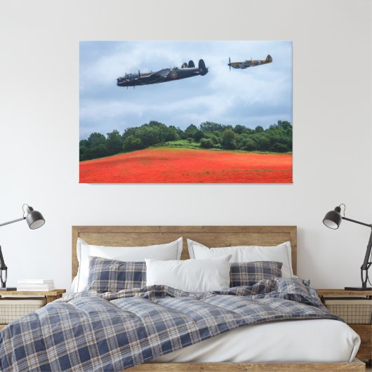 Lancaster Bomber en Hawker Hurricane die over vlie Canvas Afdruk (Insitu (Slaapkamer))