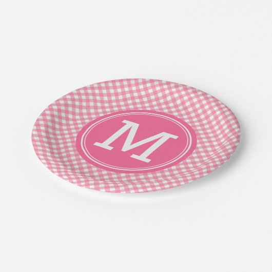 Land Baby Pink Gingham Personaliseer Monogram Papieren Bordje (Gekanteld)