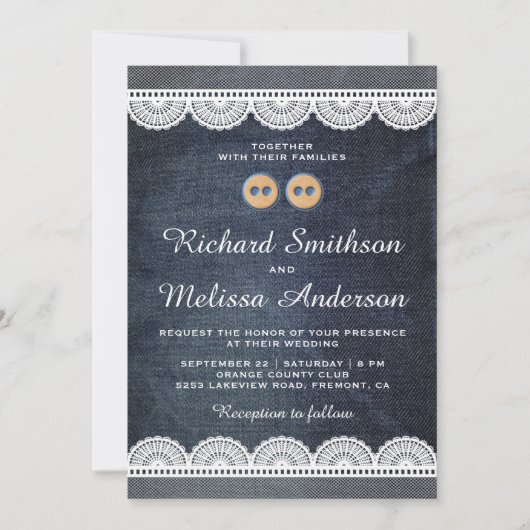 Land Blauw Denim Wit Kant Bruiloft Uitnodiging (Voorkant)