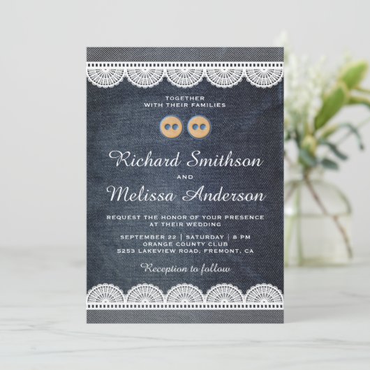 Land Blauw Denim Wit Kant Bruiloft Uitnodiging (Staand voorkant)