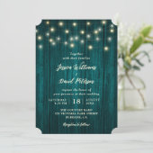 Land Blauwgroen Schuur Hout String Lights Wedding Kaart (Staand voorkant)