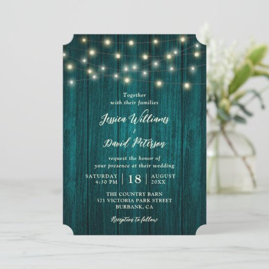 Land Blauwgroen Schuur Hout String Lights Wedding Kaart (Staand voorkant)